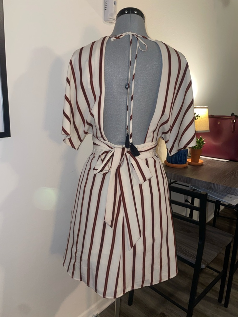 Striped Cream & Deep Red V-Neck Mini Dress - Picture 3 of 7